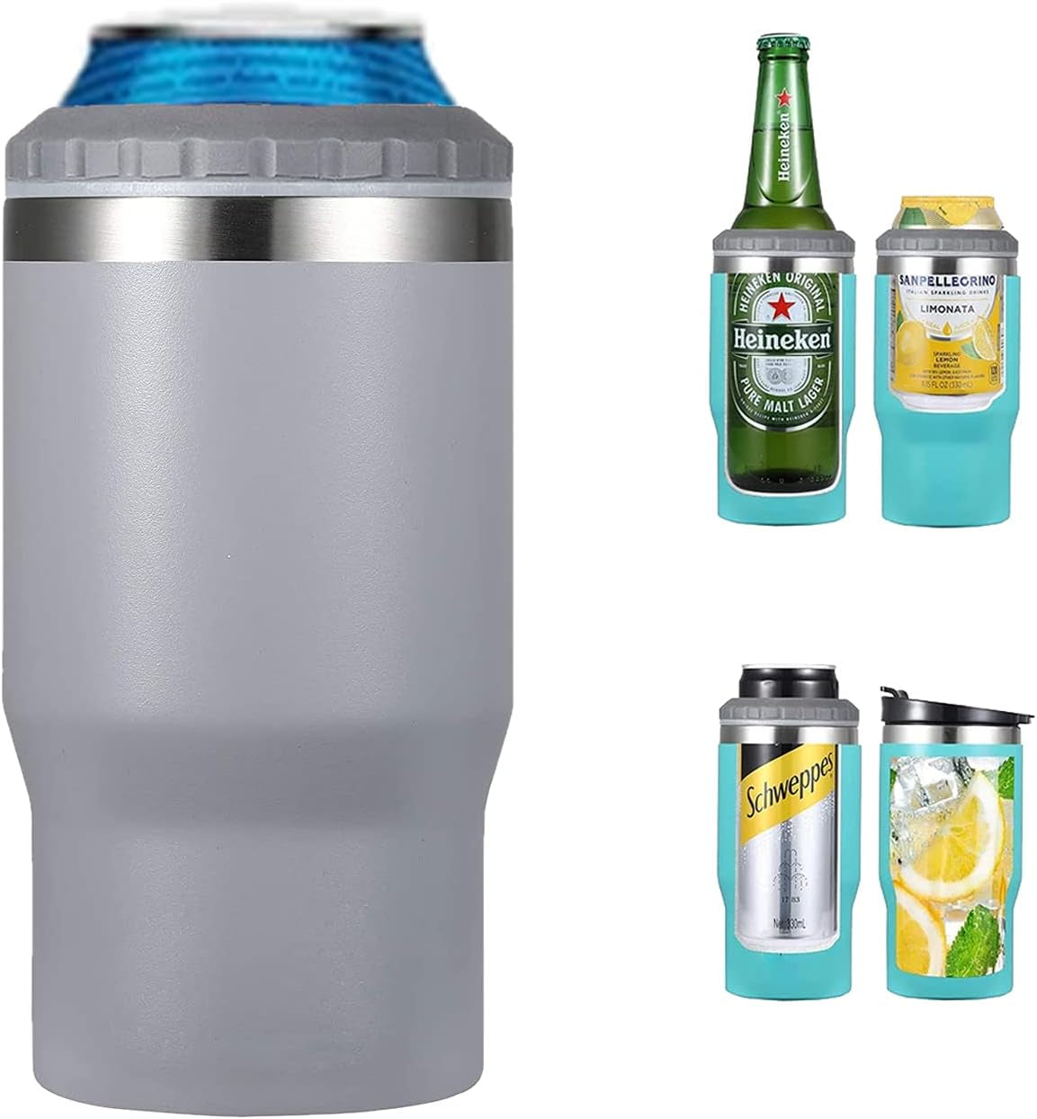 Hjemix | 4 i 1 rustfritt stål boks/flaske isolator, 14Oz toveis lokk SUS isolert boks kjøler, ølboksholder (Svart)