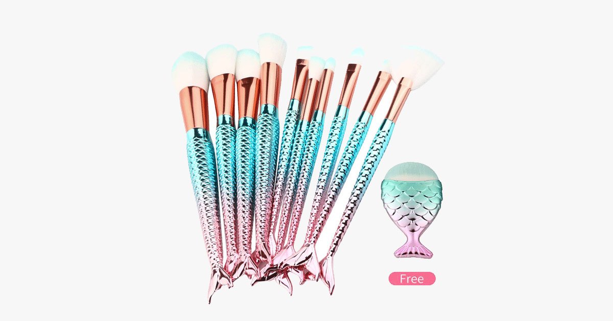 Hjemix | Havfrue Sminkekostsett med GRATIS Konturkost - Profesjonell Kosmetikkost for Øyenskygge, Eyeliner, Rouge & Concealer