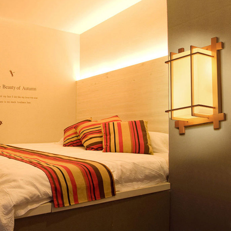 Hjemix | Tradisjonell japansk rektangulær massiv tre ramme faux pergamentskjerm 2-lampe vegglampe for soverom