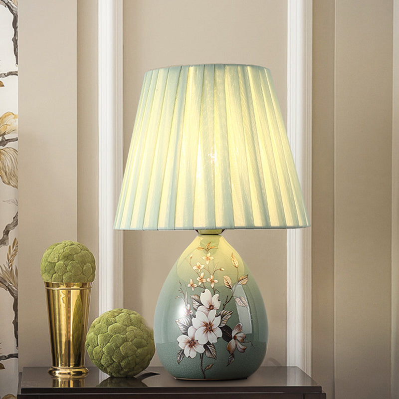 Hjemix | Tradisjonelt kinesisk blomsterdesign rund vifte stoff keramikk 1-lys bordlampe til stuen