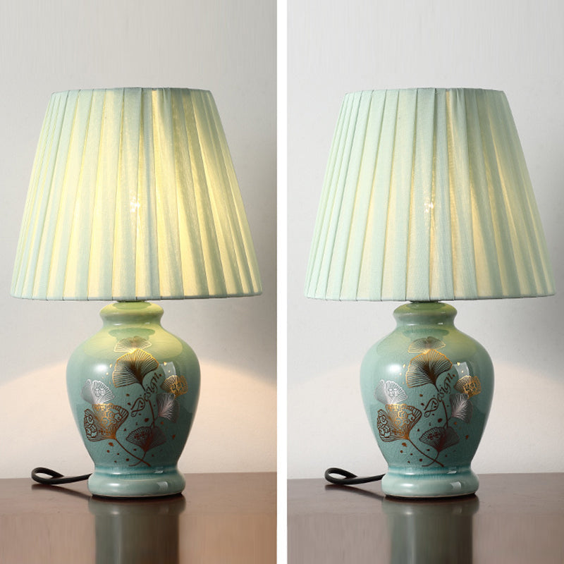 Hjemix | Tradisjonelt kinesisk blomsterdesign rund vifte stoff keramikk 1-lys bordlampe til stuen