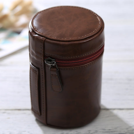 Hjemix | Medium linseetui med glidelås laget av PU-lær for DSLR kameralinse, størrelse: 13x9x9cm (Kaffe)