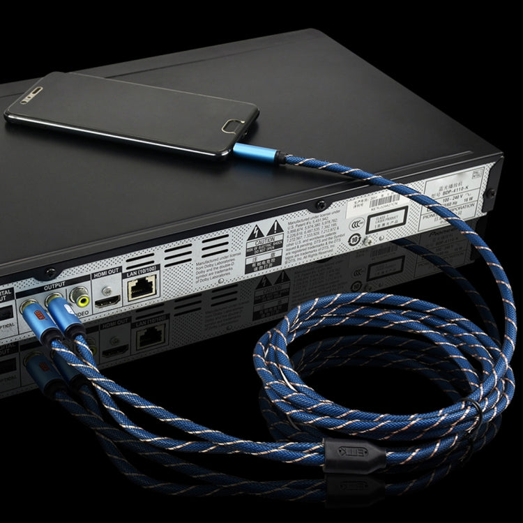 Hjemix | EMK 3,5 mm hannplugg til 2 x RCA hann gullbelagt kontakter høyttaler audio kabel, kabel lengde: 5 m (Mørk Blå)