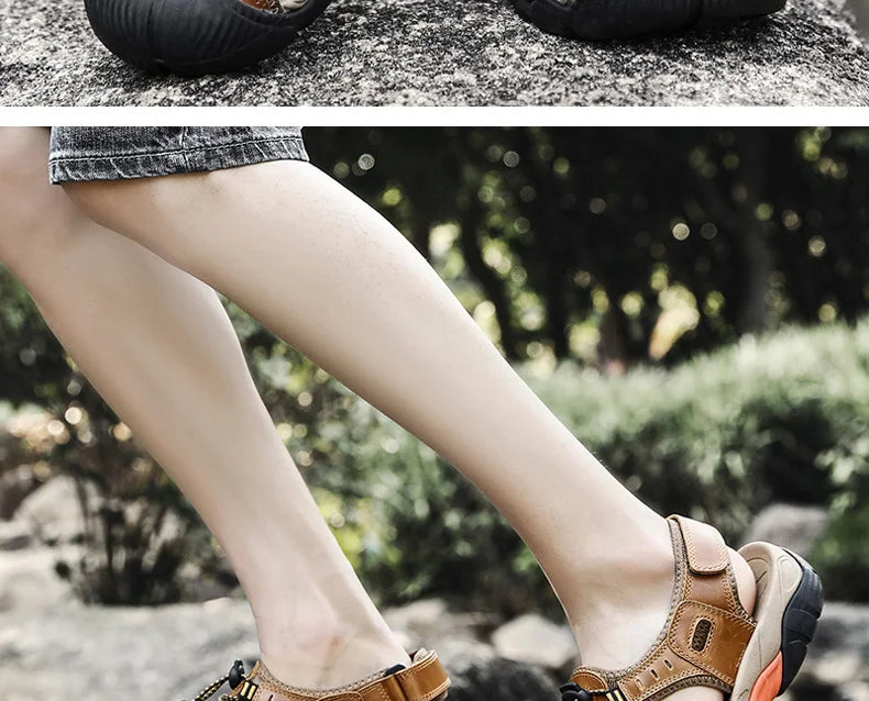 Hjemix | Sommer Herre Utendørs Sandaler Strand Sko Ekte Lær Turer Fotturer