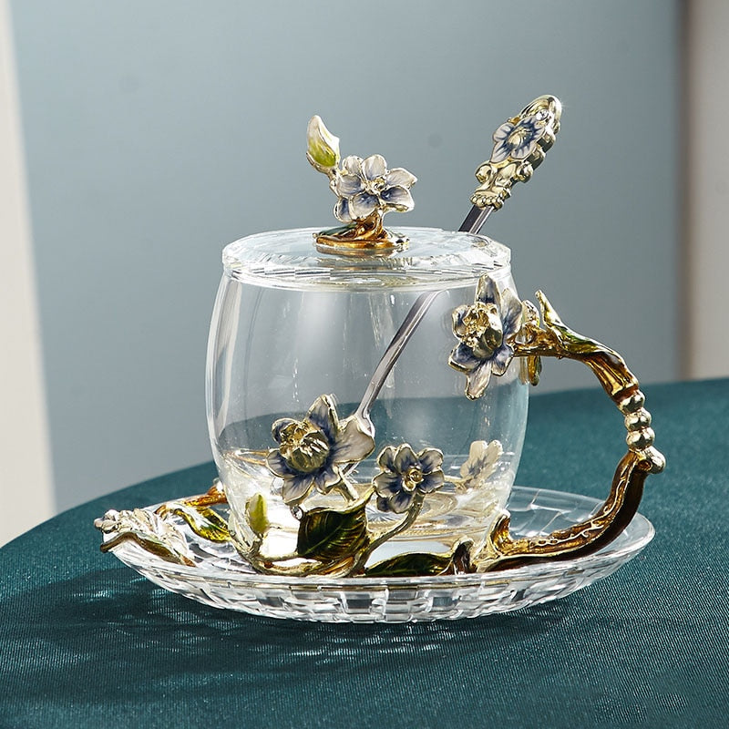 Hjemix | Håndlagd emalje blomster glasskrus for par kjærlighetsgave kan servere kaffe, smaksatt te eller til og med sitronsaft i