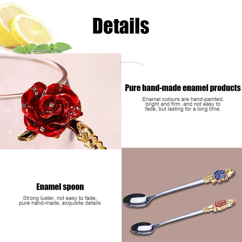 Hjemix | Håndlagde emaljekopper Rose-Glass tekrus med stålskje Luksus unike gaver til bryllup, Valentinsdag, bursdagsgaver