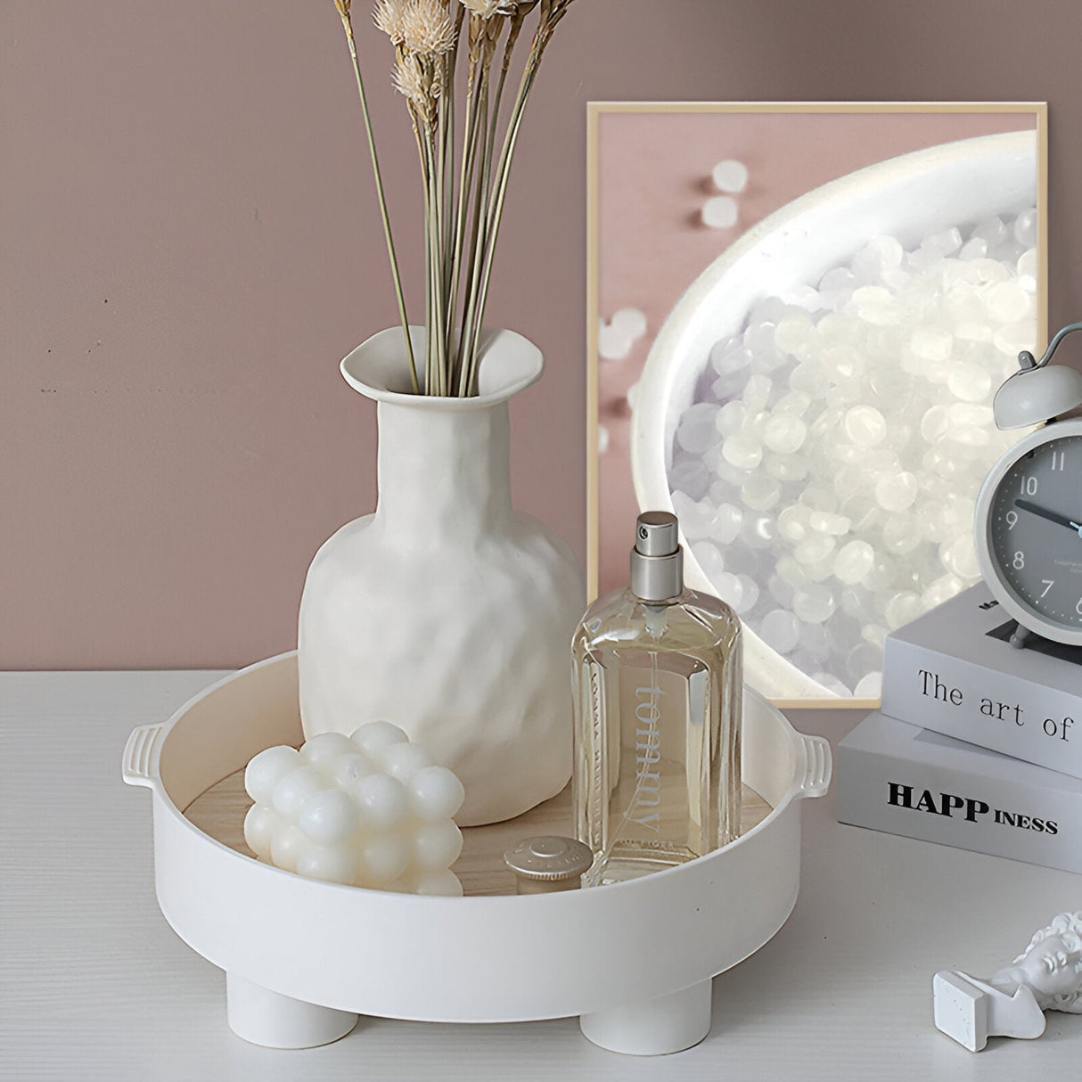 Hjemix | Rund Serveringsbrett - Dekorativt Brett Laget av Tre - Hvitt Brett Laget av Keramikk