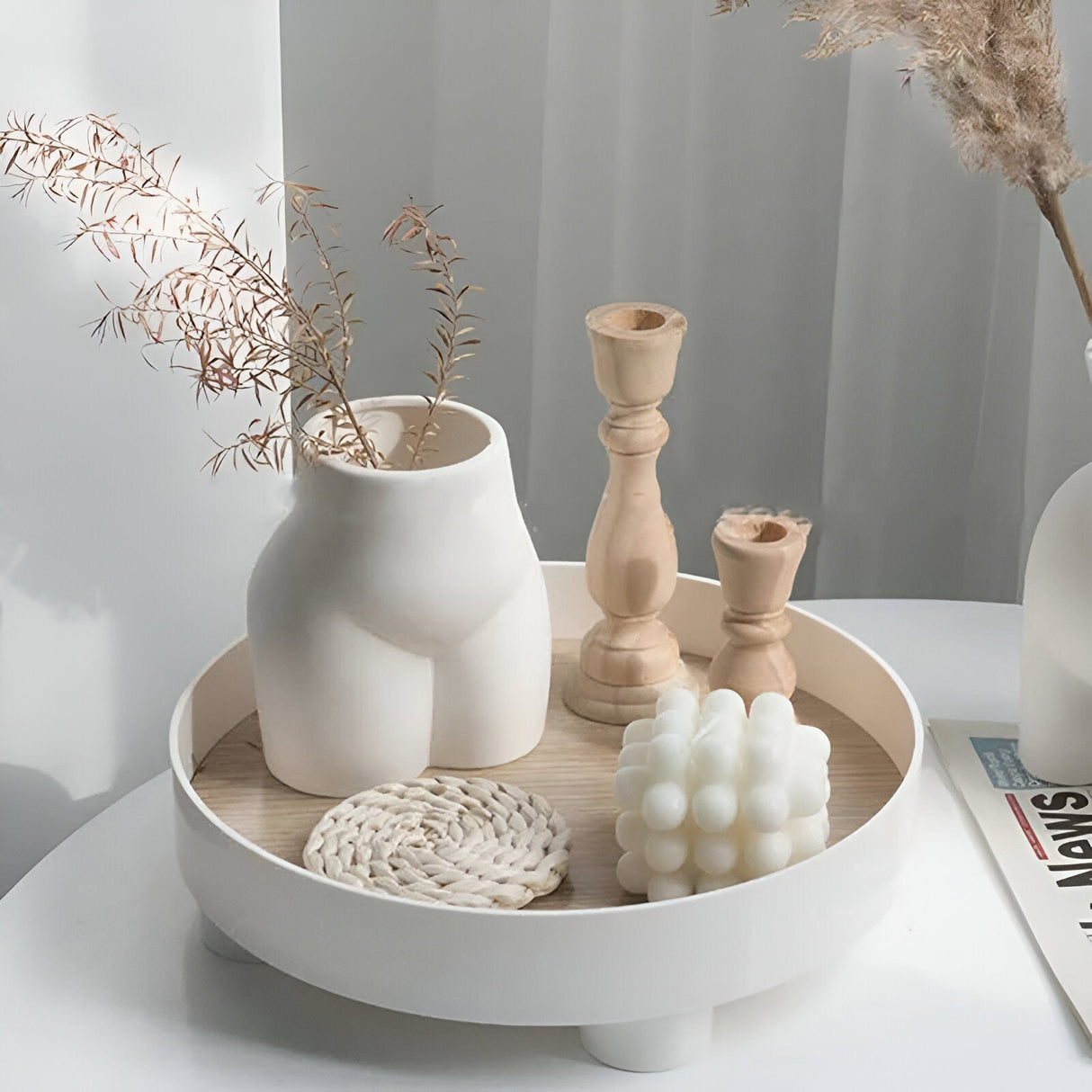 Hjemix | Rund Serveringsbrett - Dekorativt Brett Laget av Tre - Hvitt Brett Laget av Keramikk