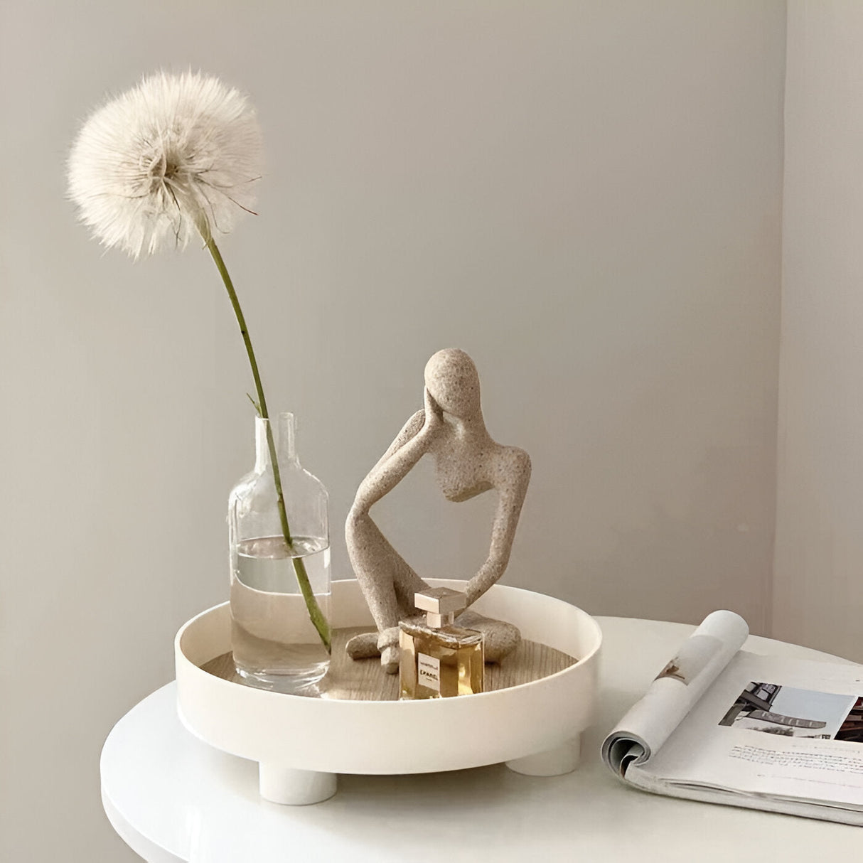 Hjemix | Rund Serveringsbrett - Dekorativt Brett Laget av Tre - Hvitt Brett Laget av Keramikk