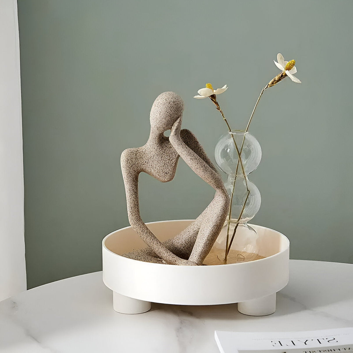 Hjemix | Rund Serveringsbrett - Dekorativt Brett Laget av Tre - Hvitt Brett Laget av Keramikk