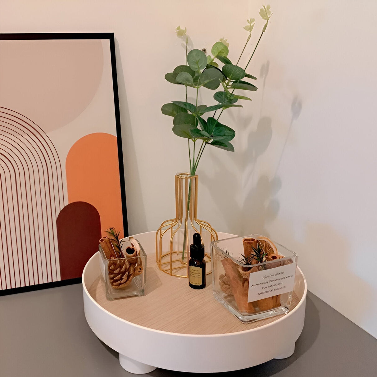 Hjemix | Rund Serveringsbrett - Dekorativt Brett Laget av Tre - Hvitt Brett Laget av Keramikk