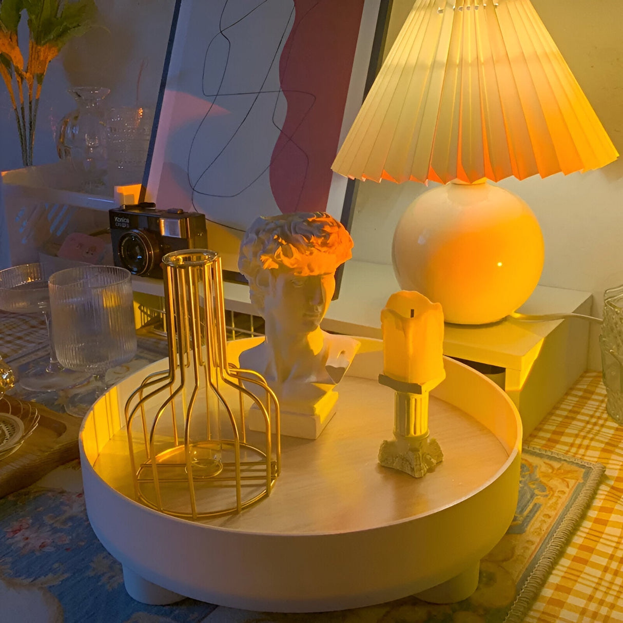 Hjemix | Rund Serveringsbrett - Dekorativt Brett Laget av Tre - Hvitt Brett Laget av Keramikk