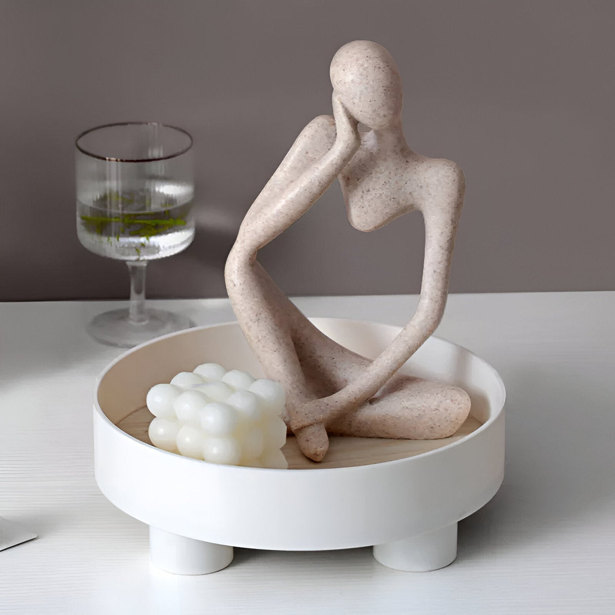 Hjemix | Rund Serveringsbrett - Dekorativt Brett Laget av Tre - Hvitt Brett Laget av Keramikk