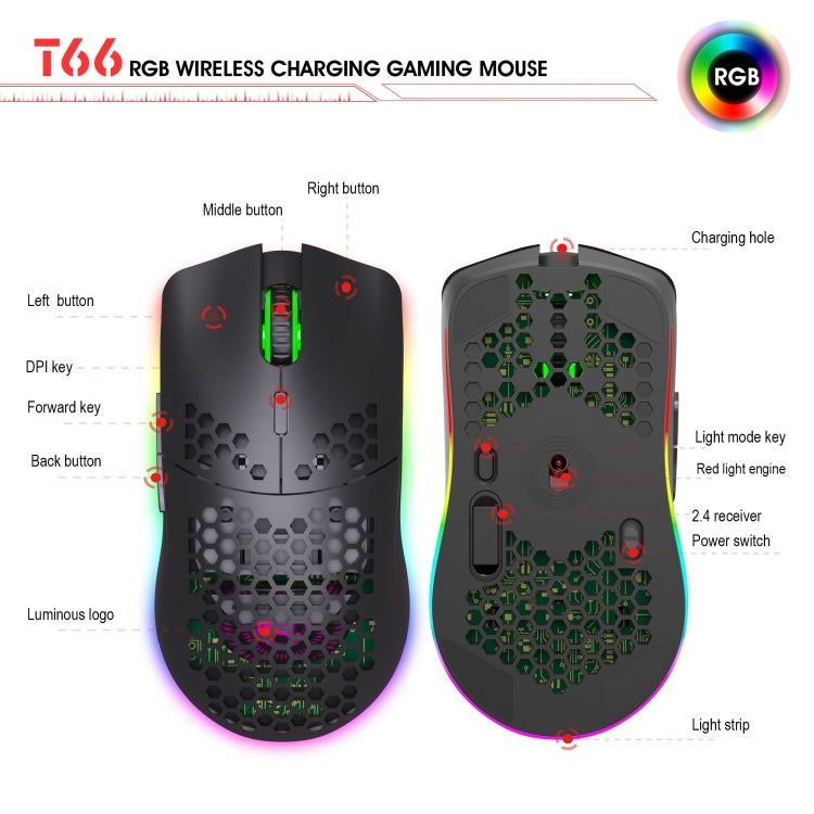 Hjemix | HXSJ T66 7 Knapper Fargerik Belysning Programmerbar Gaming Trådløs Mus (Hvit)