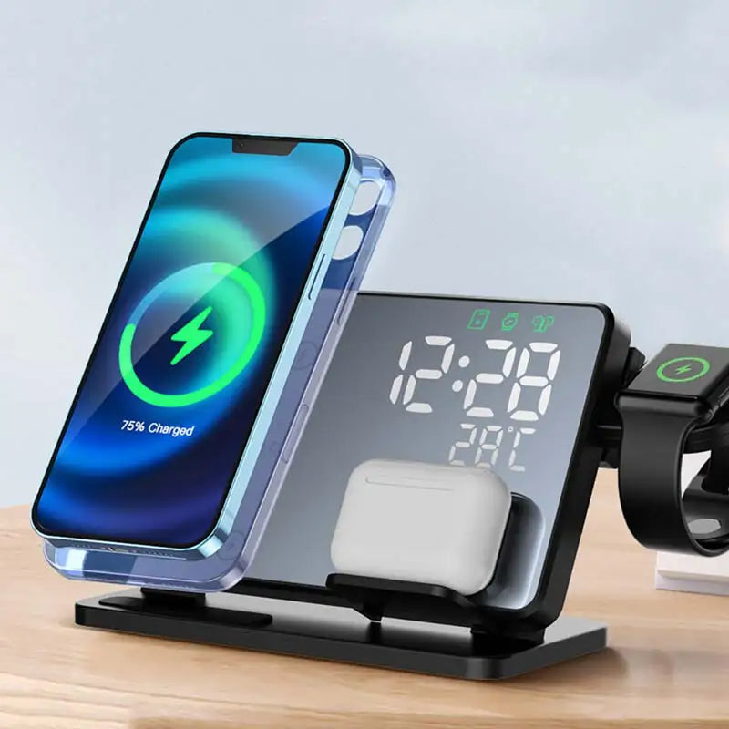 Hjemix | 3-i-1 Hurtiglade Stasjon | Premium Trådløs Hurtiglading Docking Stasjon med Vekkerklokke | for Apple iPhone, Klokke & AirPods