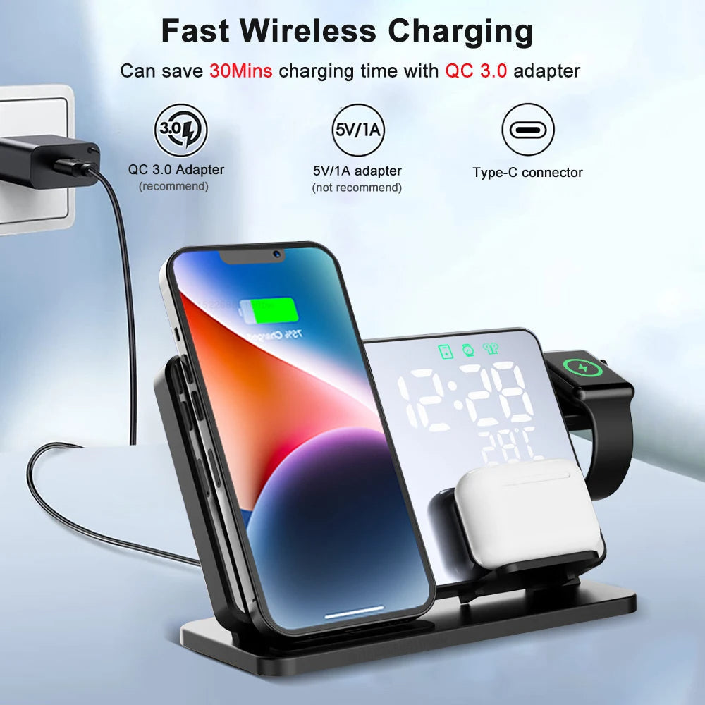 Hjemix | 3-i-1 Hurtiglade Stasjon | Premium Trådløs Hurtiglading Docking Stasjon med Vekkerklokke | for Apple iPhone, Klokke & AirPods