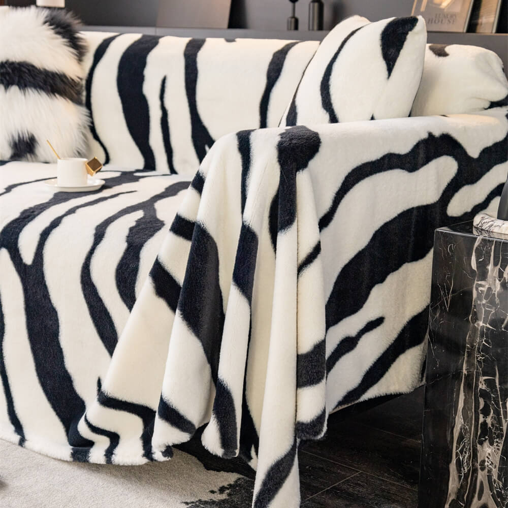 Hjemix | Zebra-print fluffy plush sofa protector stylish couch cover