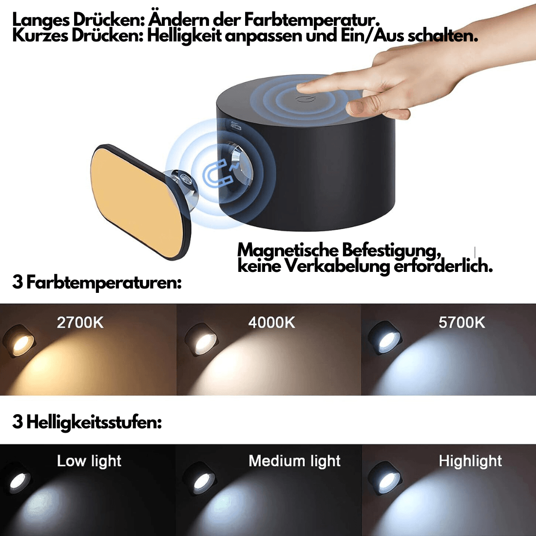 Hjemix | 360° trådløs oppladbar vegglampe | Allsidig LED-belysningsløsning