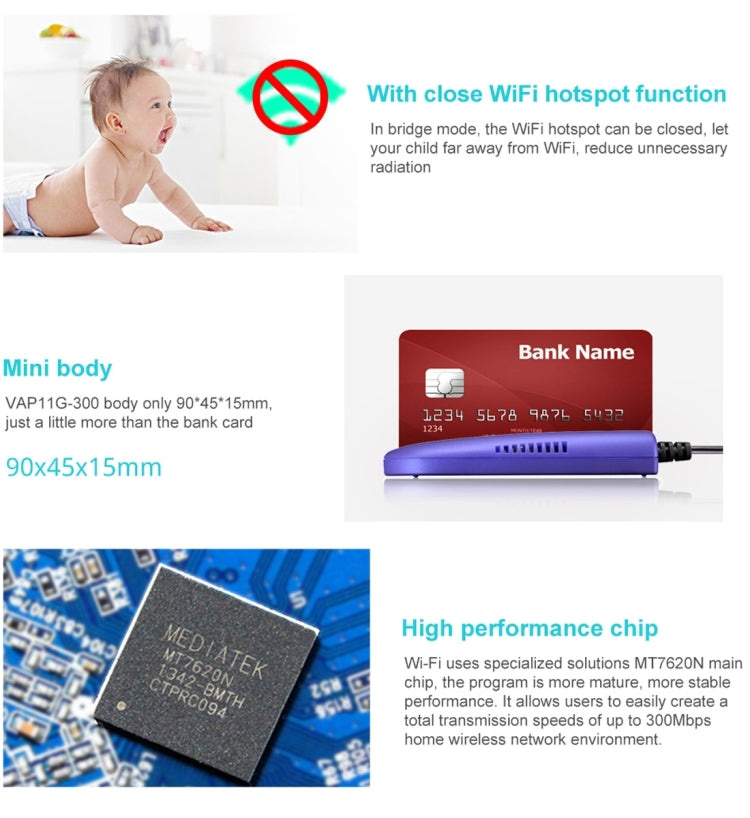 Hjemix | VONETS VAP11G-300 Mini WiFi 300Mbps Bro WiFi Gjentaker, Beste Partner for IP Enhet / IP KAMERA / IP Skriver / XBOX / PS3 / IPTV / Skybox (Blå)