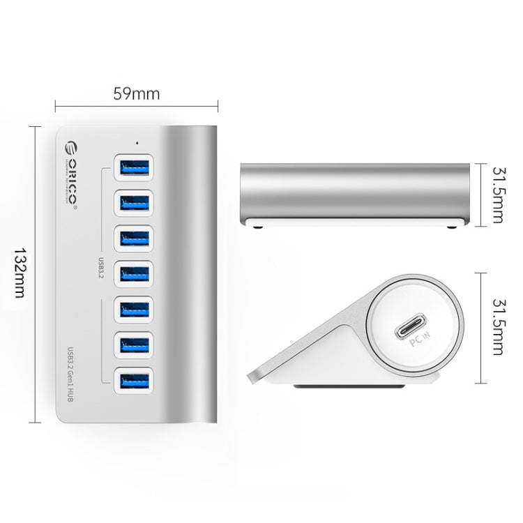 Hjemix | ORICO M3U7-G2 Aluminiumlegering 7-port USB 3.2 Gen2 10Gbps HUB med 0,5 m kabel (Sølv)