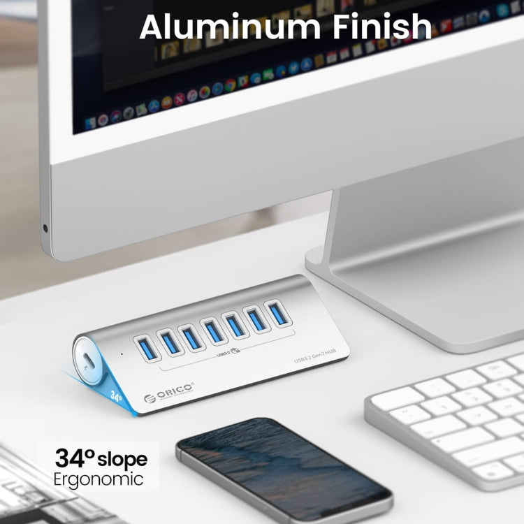 Hjemix | ORICO M3U7-G2 Aluminiumlegering 7-port USB 3.2 Gen2 10Gbps HUB med 0,5 m kabel (Sølv)