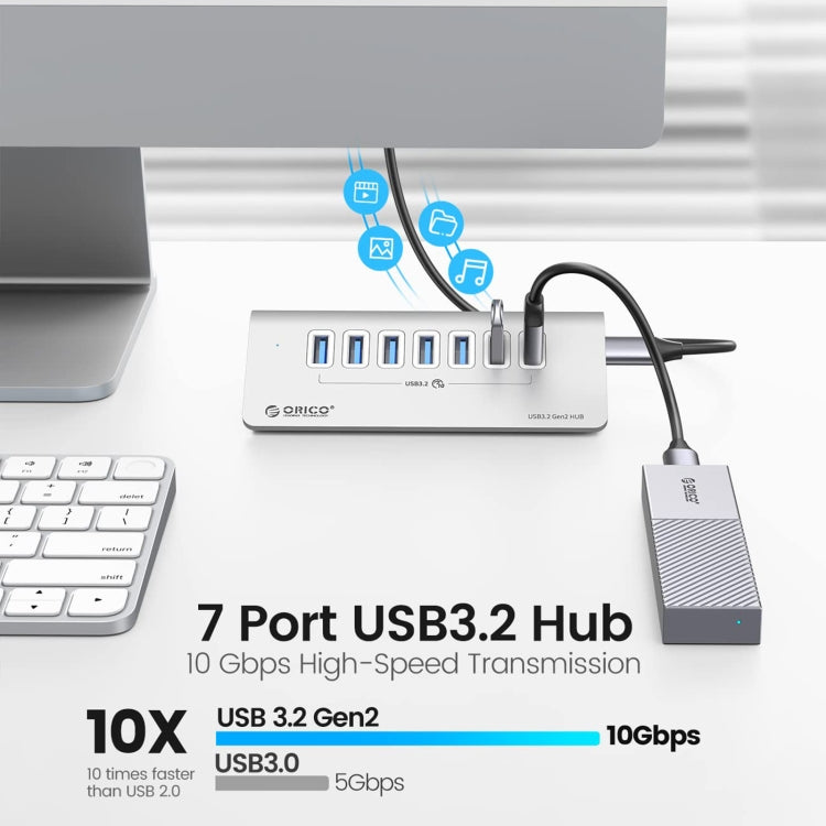 Hjemix | ORICO M3U7-G2 Aluminiumlegering 7-port USB 3.2 Gen2 10Gbps HUB med 0,5 m kabel (Sølv)