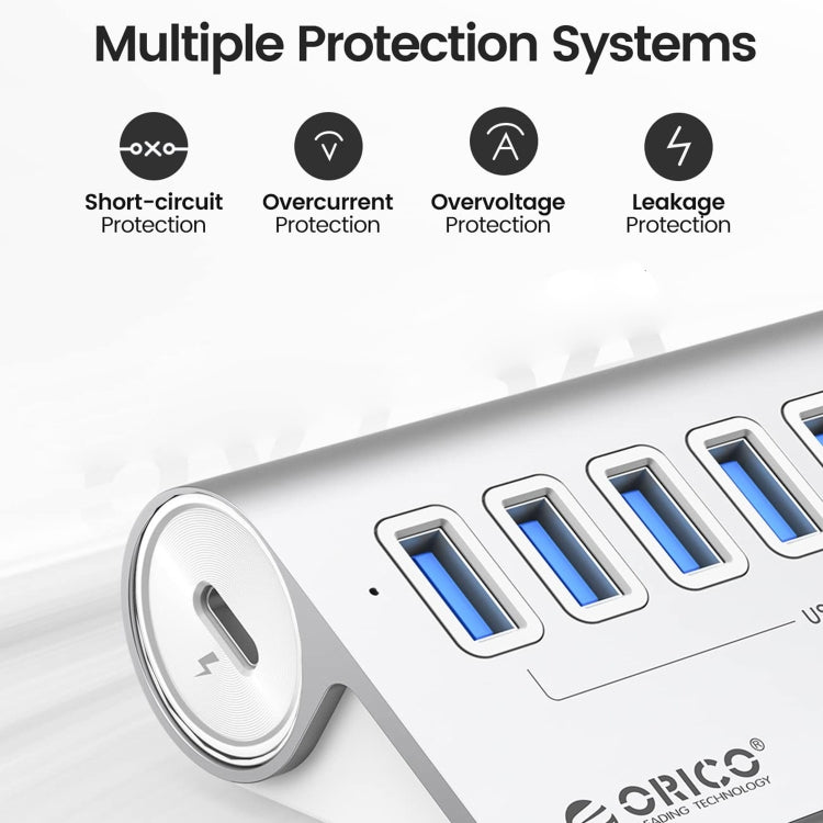 Hjemix | ORICO M3U7-G2 Aluminiumlegering 7-port USB 3.2 Gen2 10Gbps HUB med 0,5 m kabel (Sølv)