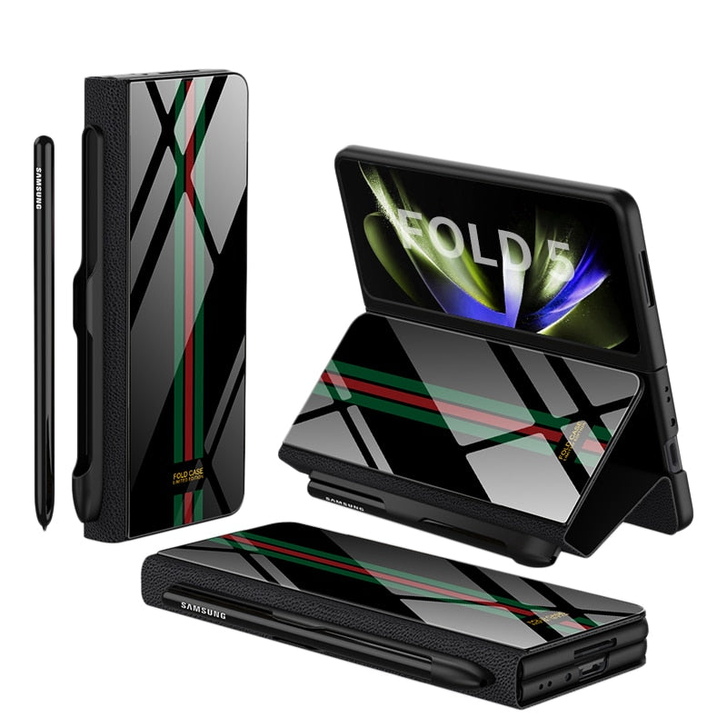 Hjemix | Støtbestandig Rustningssak Glassdeksler Stativ Sett Inn Kort Lærsak for Samsung Galaxy Z Fold 5/4