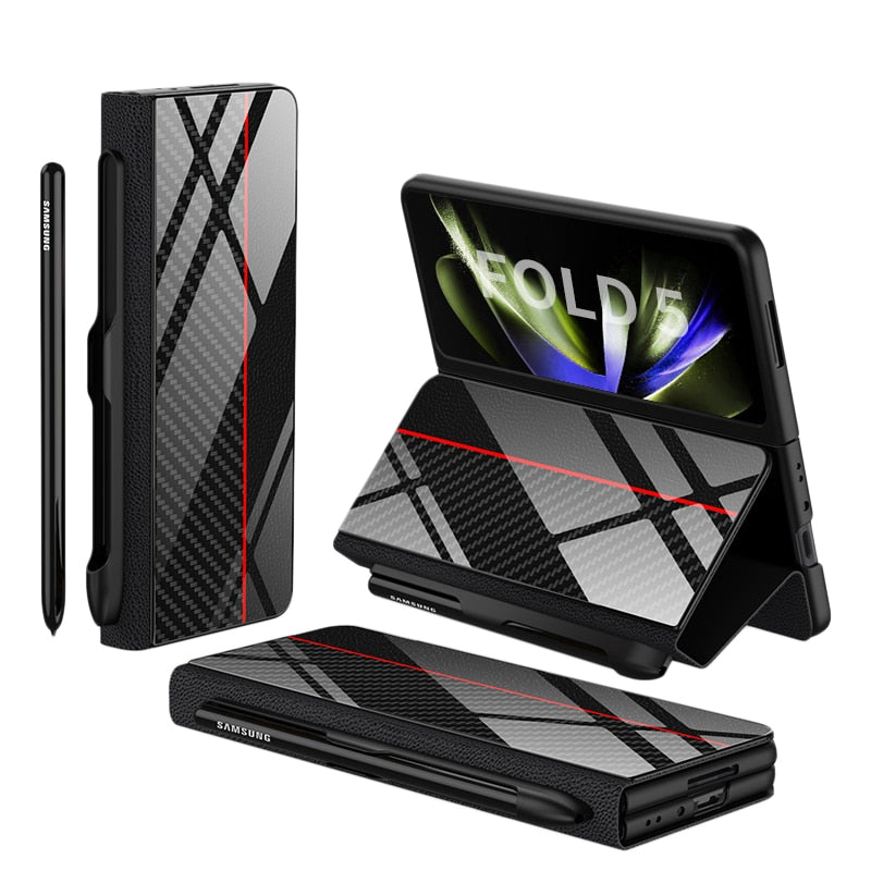 Hjemix | Støtbestandig Rustningssak Glassdeksler Stativ Sett Inn Kort Lærsak for Samsung Galaxy Z Fold 5/4