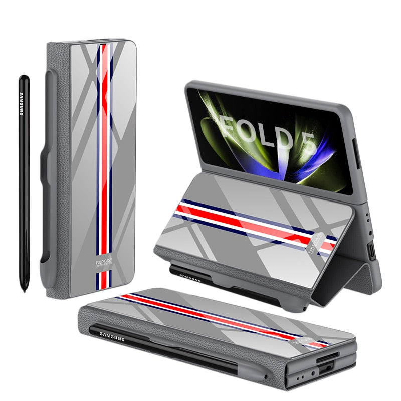 Hjemix | Støtbestandig Rustningssak Glassdeksler Stativ Sett Inn Kort Lærsak for Samsung Galaxy Z Fold 5/4