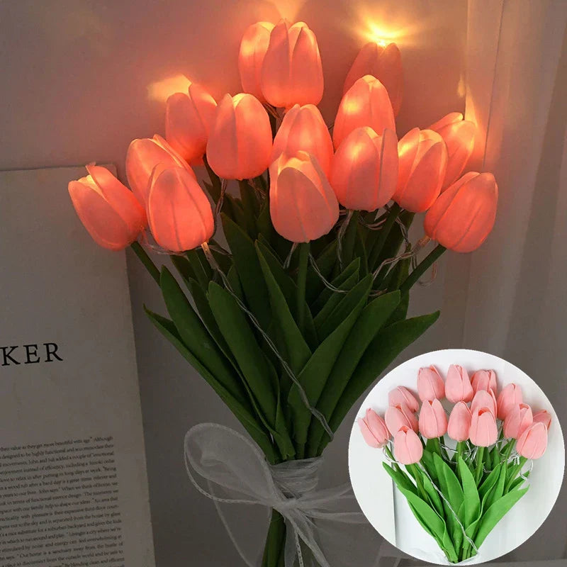 Hjemix | LED-lampe med kunstig tulipanbukett perfekt for gaver eller som bryllupsfest hjemmeinnredning