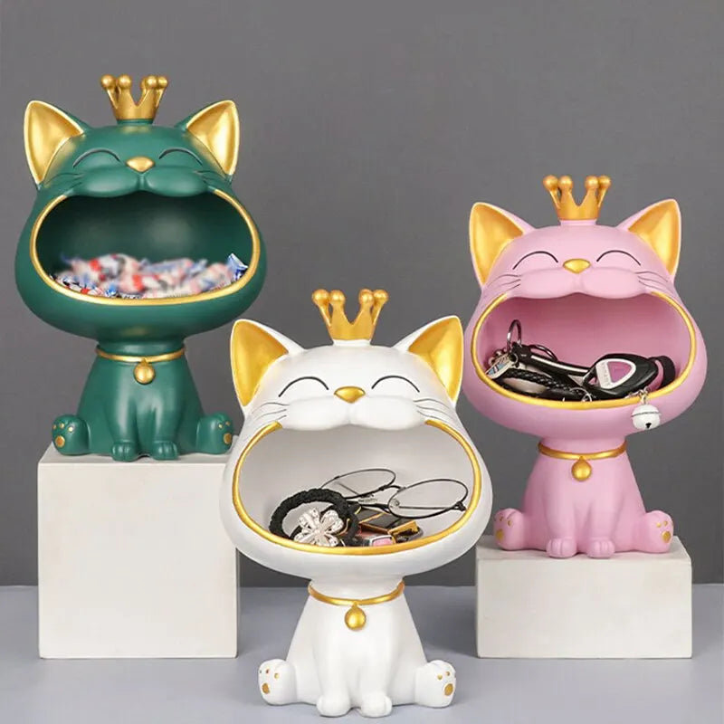 Hjemix | Fortune Crown Big Mouth Cat Entrance Nøkkelholder Dekorativ Ornament, Lett Luksus Hjemmegave Skulptur