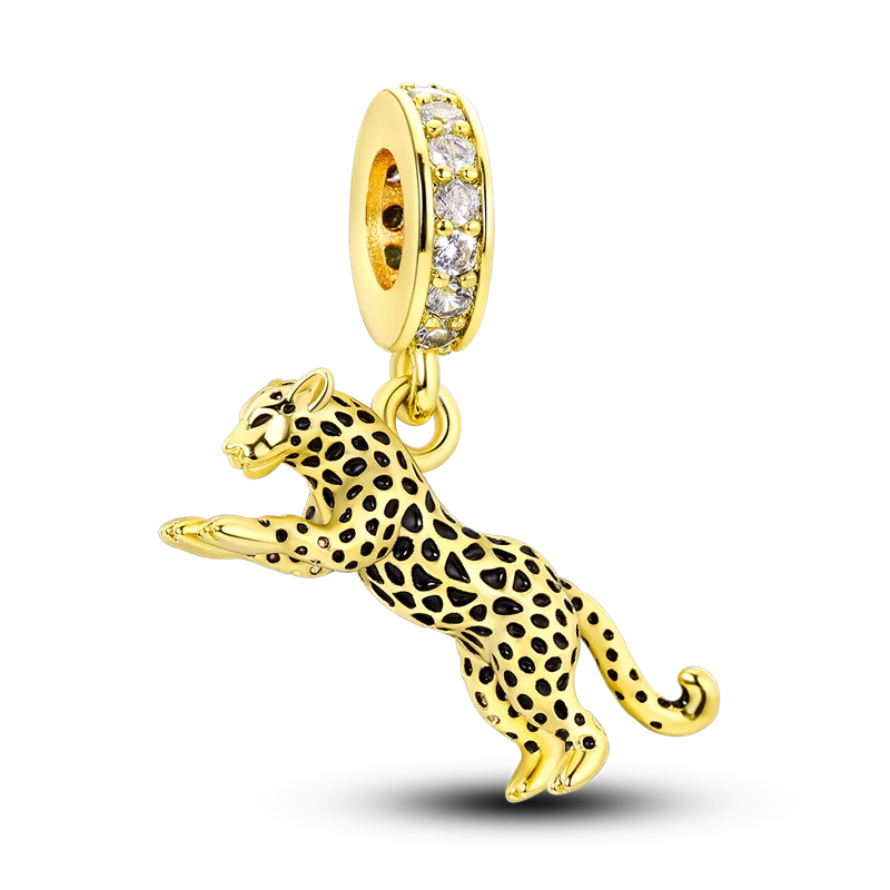 Hjemix | 925 Sølv Gylden Leopard Charms Perler Fargerik Kameleon Nesehorn Løve Skarabé Katt Anheng Kompatibel med Original Pandora Armbånd Smykker