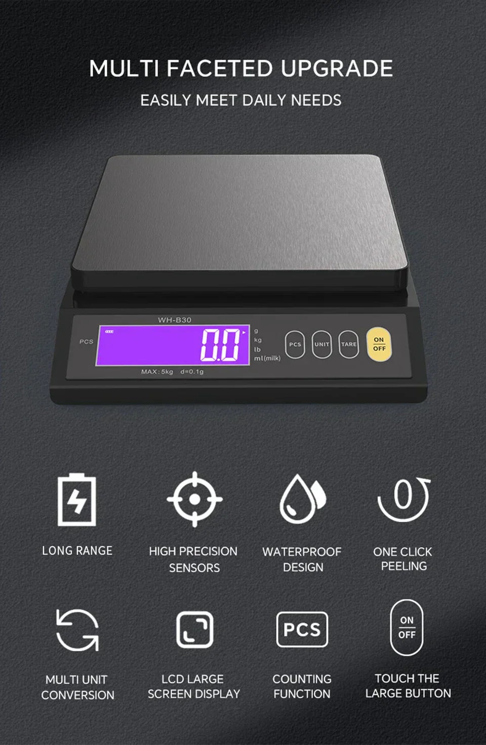 Hjemix | 5 kg/0.1 g og 10 kg/1 g digital elektronisk kjøkkenvekt, LCD-skjerm, helt vanntett rustfritt stål vektsverktøy for baking