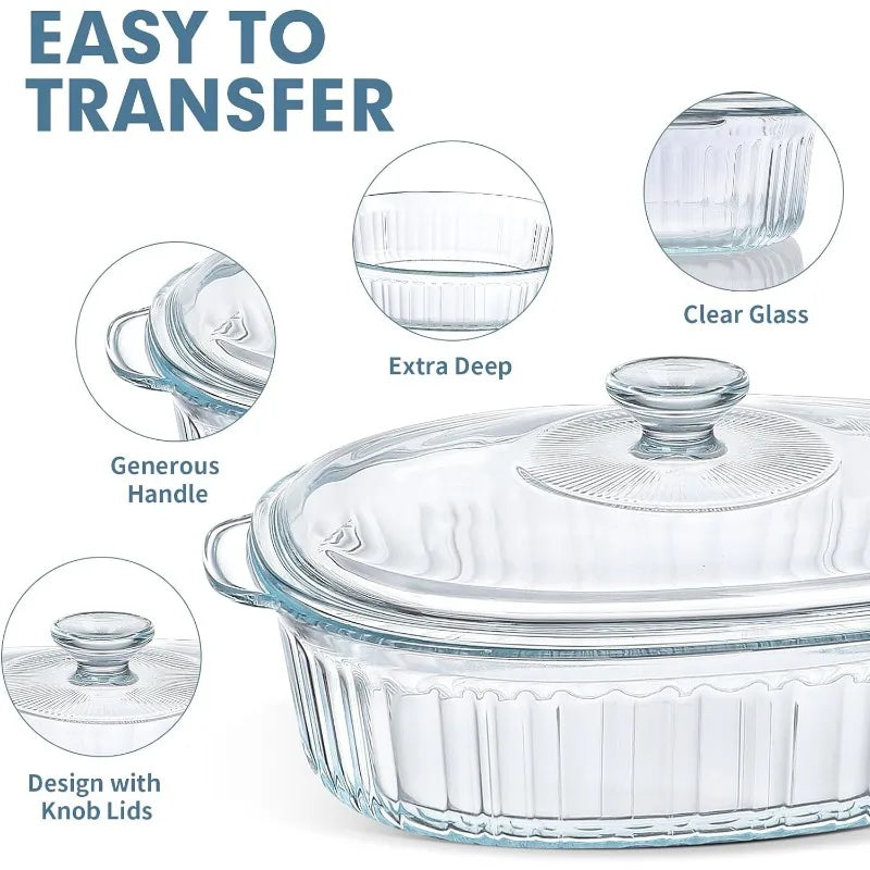 Hjemix | 4-delt Glass Bakeware Sett med 2 Bakeware Retter med Glasslokk, 1.9 Qt og 3 Qt