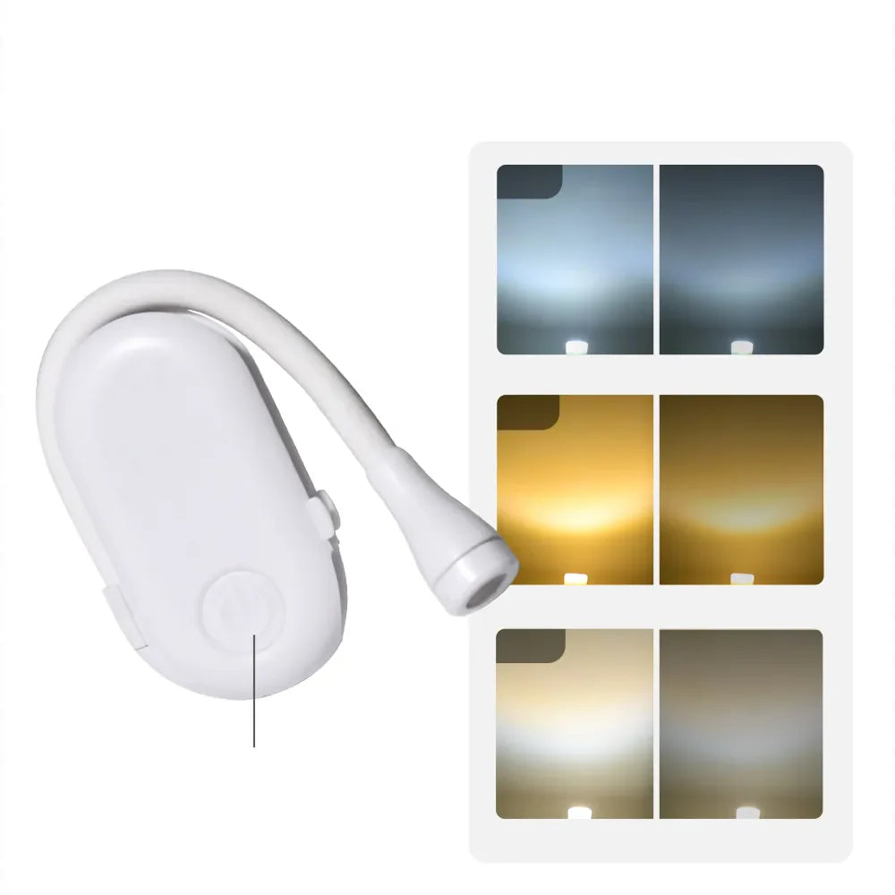 Hjemix | Mini Boklys - Bærbart Klips-Lys med USB-lading, Dimmbar LED for Soverom, Øyevern og Camping - 360° Vri Klips Boklampe
