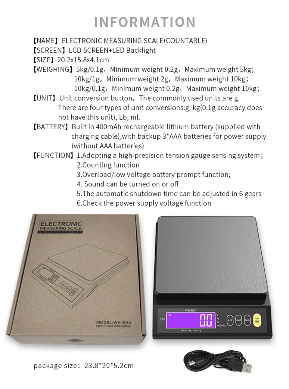Hjemix | 5 kg/0.1 g og 10 kg/1 g digital elektronisk kjøkkenvekt, LCD-skjerm, helt vanntett rustfritt stål vektsverktøy for baking