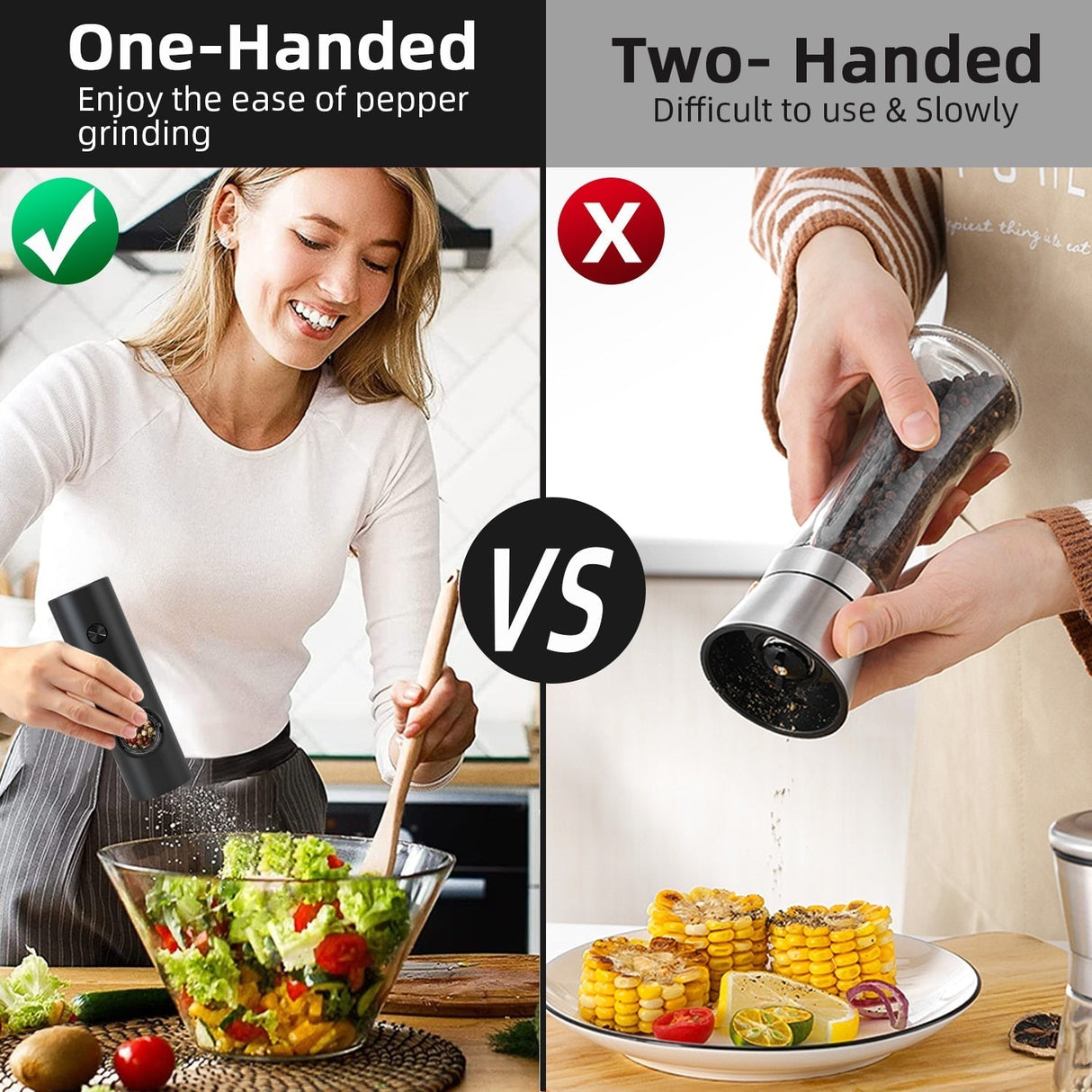 Hjemix | Elektrisk automatisk pepper- og saltkvern med LED-lys og justerbar maling - Perfekt for kjøkkenet eller restauranten