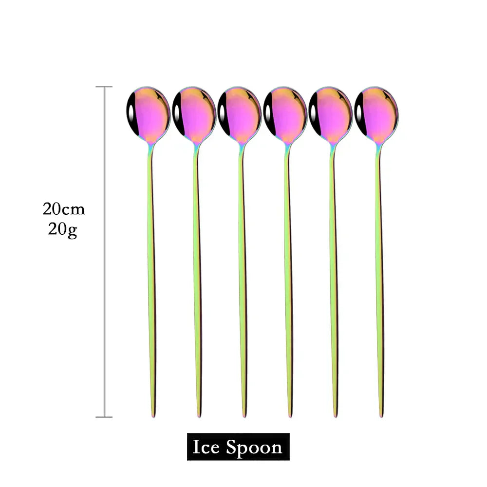 Hjemix | Gylden 6-delt Langt Håndtak Skje Sett