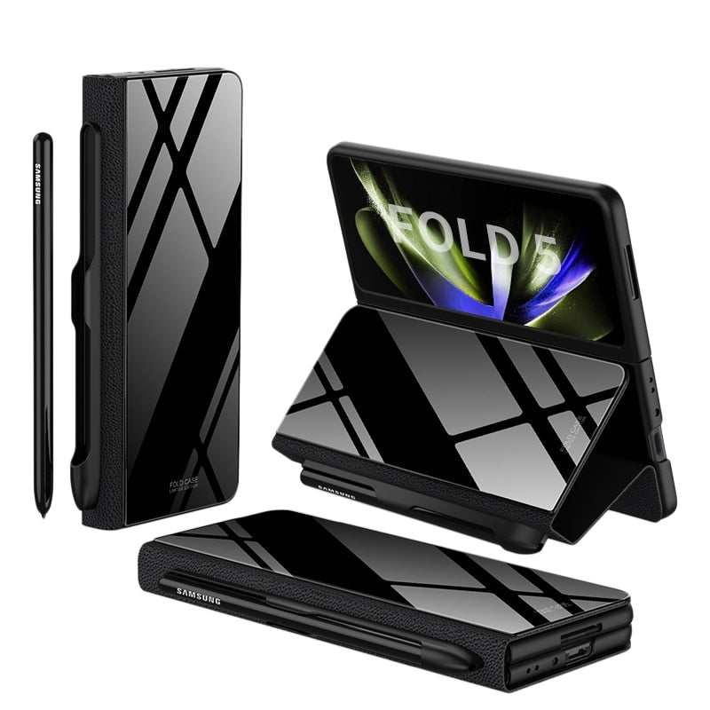 Hjemix | Støtbestandig Rustningssak Glassdeksler Stativ Sett Inn Kort Lærsak for Samsung Galaxy Z Fold 5/4