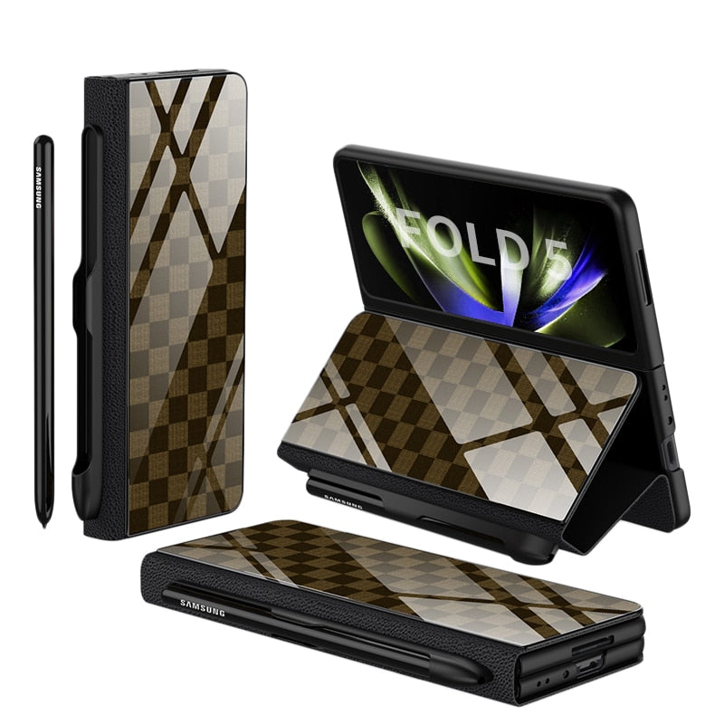 Hjemix | Støtbestandig Rustningssak Glassdeksler Stativ Sett Inn Kort Lærsak for Samsung Galaxy Z Fold 5/4