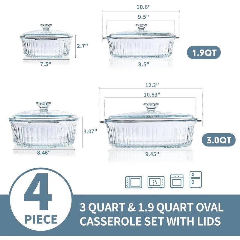 Hjemix | 4-delt Glass Bakeware Sett med 2 Bakeware Retter med Glasslokk, 1.9 Qt og 3 Qt