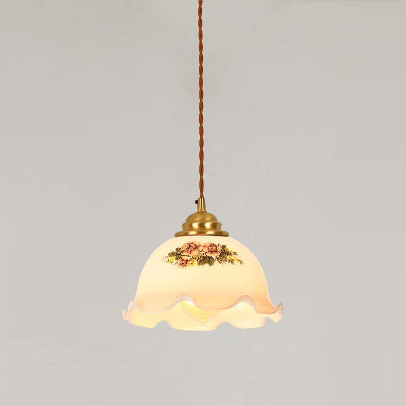 Hjemix | Tradisjonell Vintage Messing Snor Valnøtt Glass Blomst Buet 1-Lykt Pendellampe For Spiserom