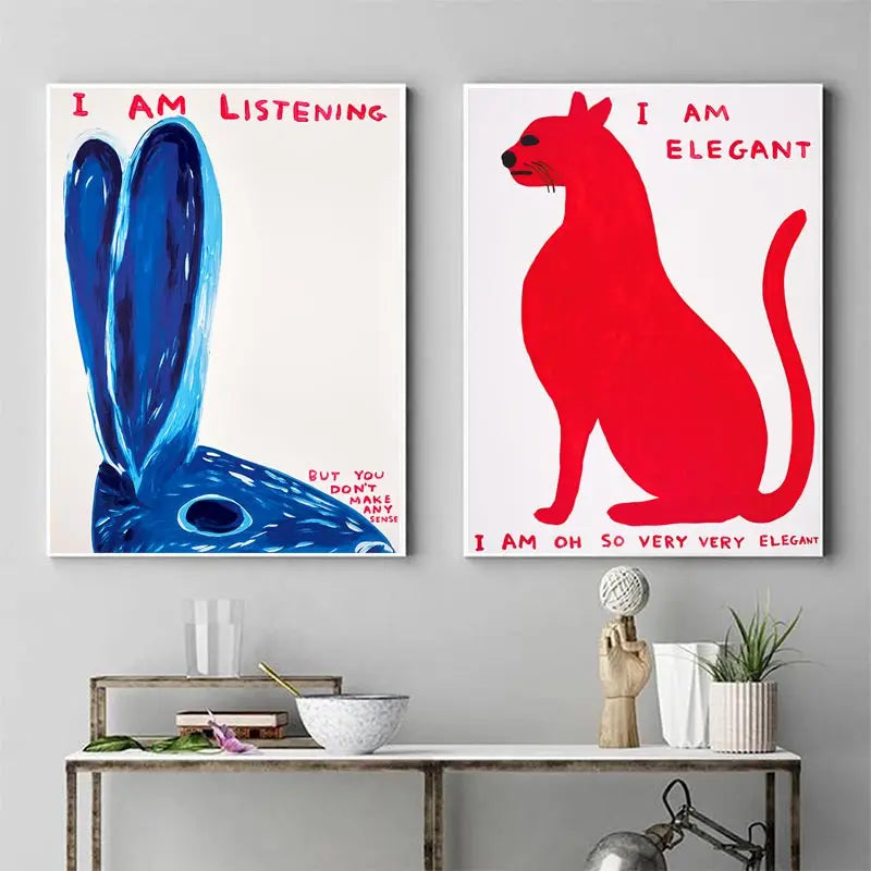Hjemix | David Shrigley Kanin Katt Vin Kjekks Rask Veggkunst Abstrakte Trykk Lerret Maleri Nordisk Plakat Bilder Stue Dekor