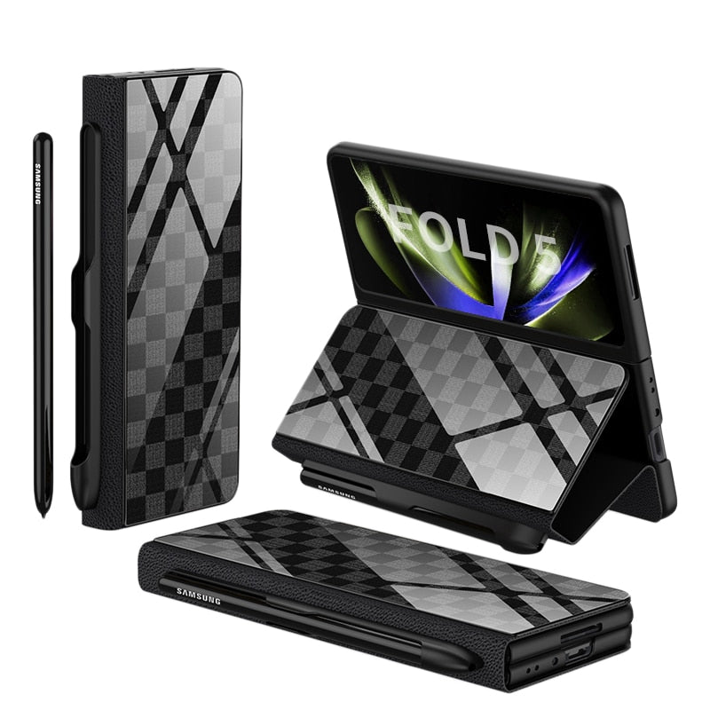 Hjemix | Støtbestandig Rustningssak Glassdeksler Stativ Sett Inn Kort Lærsak for Samsung Galaxy Z Fold 5/4