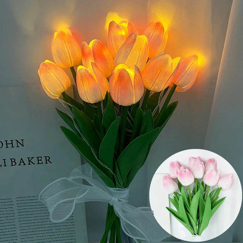 Hjemix | LED-lampe med kunstig tulipanbukett perfekt for gaver eller som bryllupsfest hjemmeinnredning
