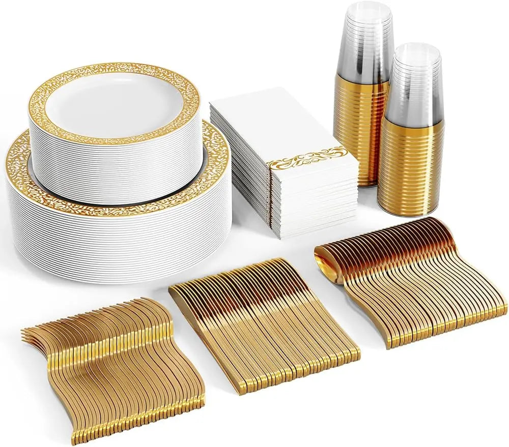 Hjemix | 350stk Engangs Gull Blonde Servise Sett for 50 Gjester