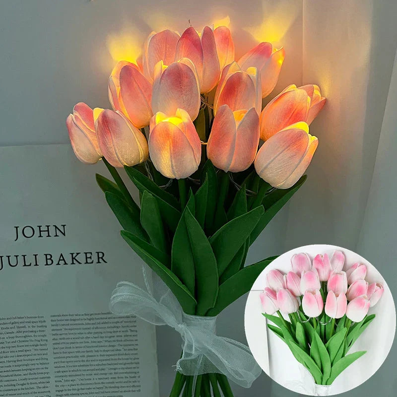 Hjemix | LED-lampe med kunstig tulipanbukett perfekt for gaver eller som bryllupsfest hjemmeinnredning