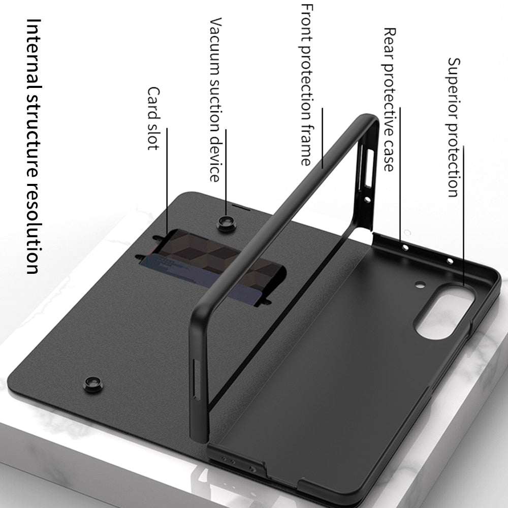 Hjemix | Støtbestandig Rustningssak Glassdeksler Stativ Sett Inn Kort Lærsak for Samsung Galaxy Z Fold 5/4