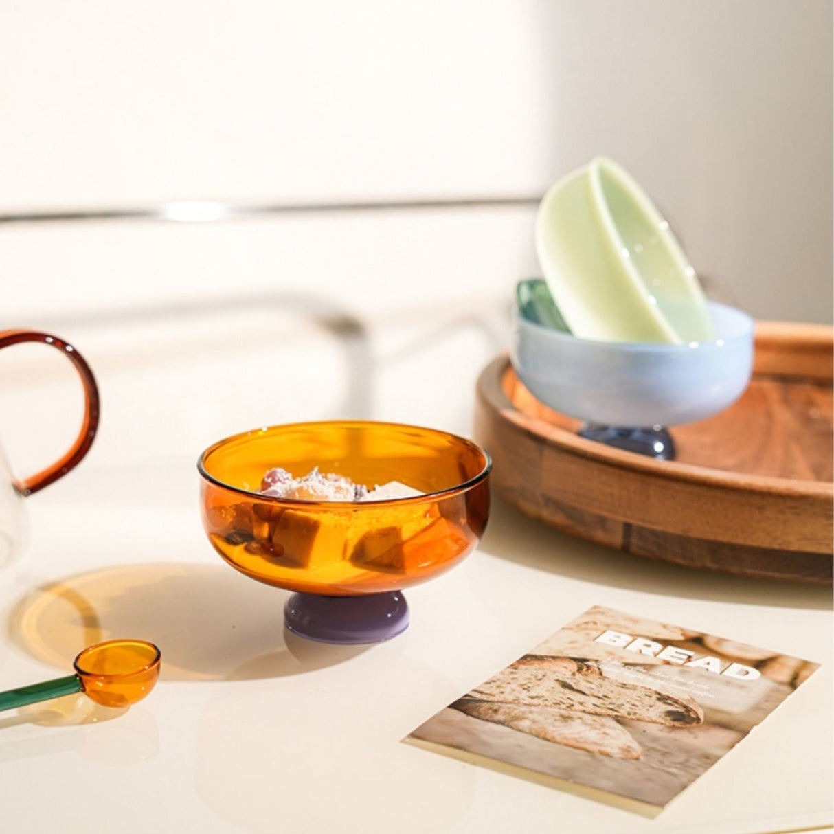 Hjemix | Fargerik borosilikat dessertbolle med skje